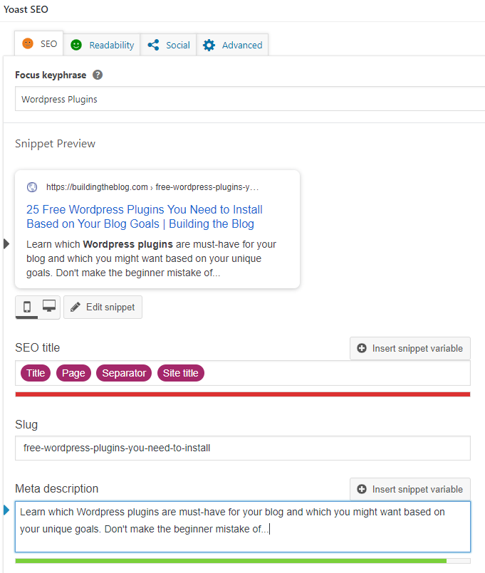 Yoast Snippet Editor Screenshot