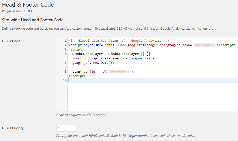 Header and Footer Code Screenshot Google Analytics