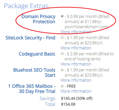 Bluehost Package Extras