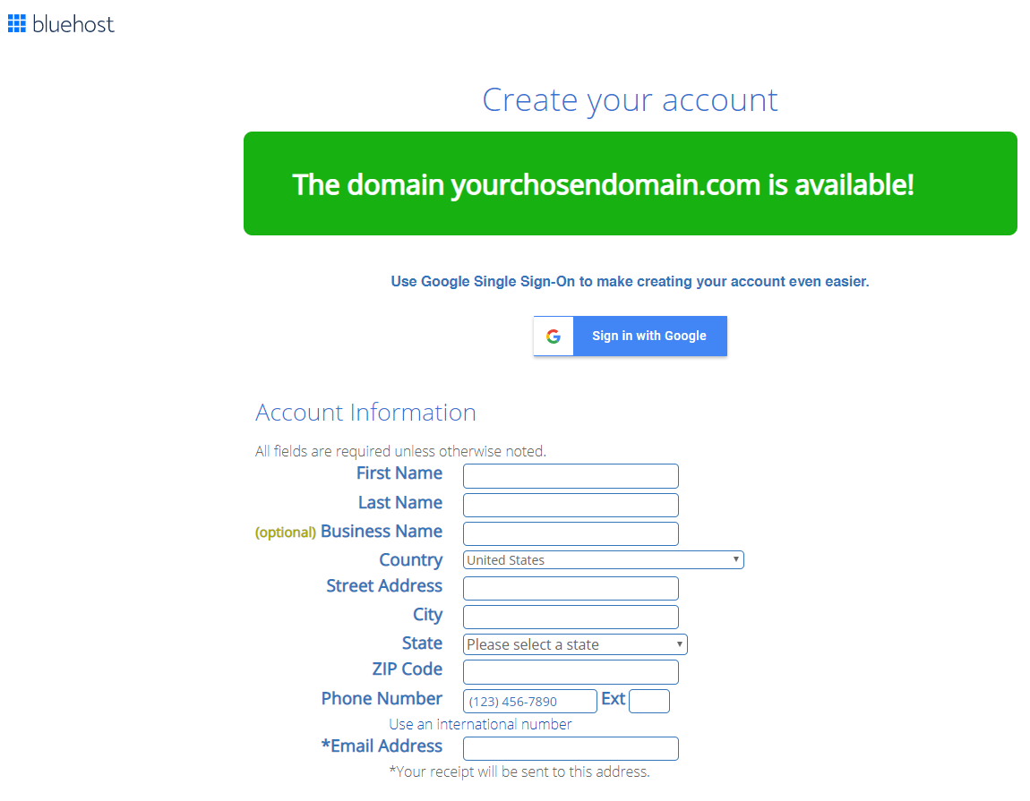 Enter Your Account Information Bluehost