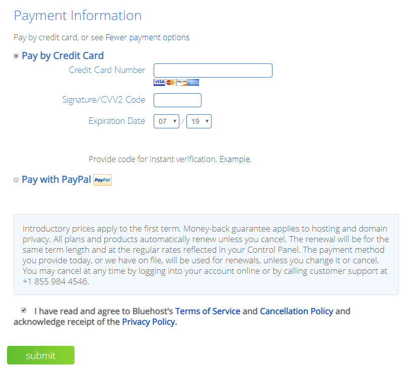 Finalize Bluehost Hosting Payment Information