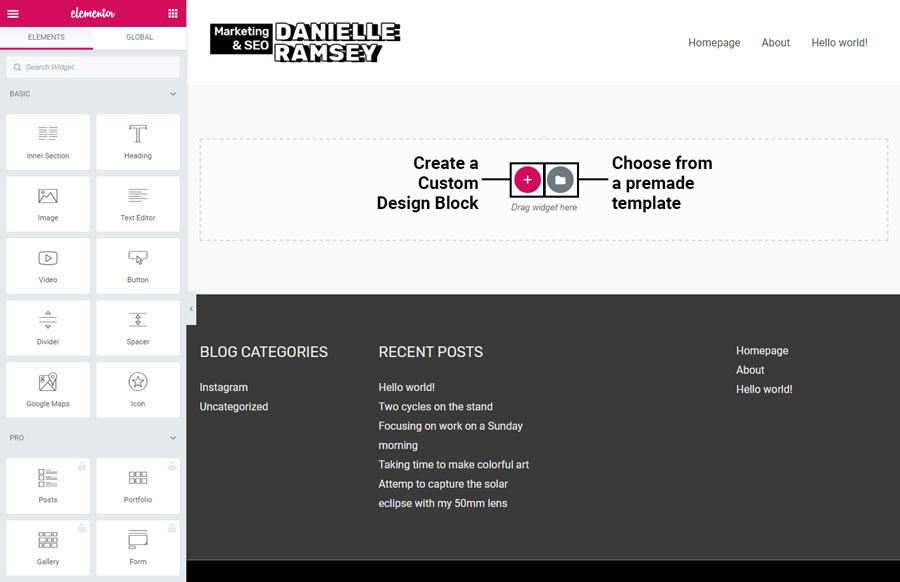 Elementor edit screen. Two options, create custom section or choose from template.