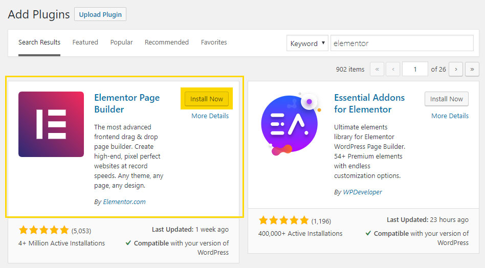 Elementor Page Builder Plugin Search Screen