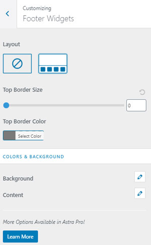 Footer Widgets Astra Customize Options