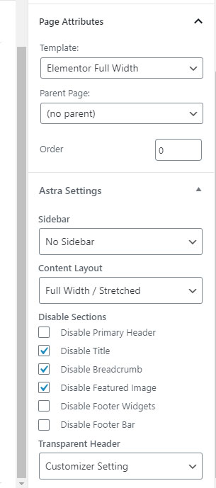 Page Setting Options for a Custom Elementor page with the Astra theme