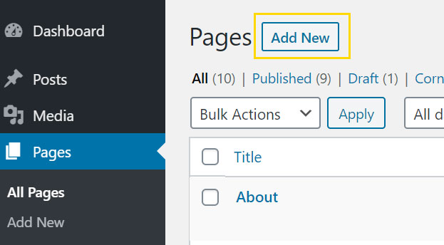 Add new page in WordPress screenshot