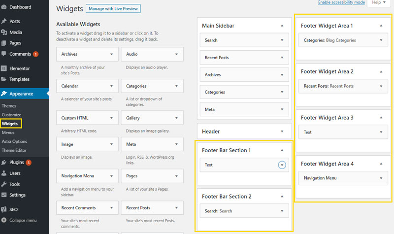 Widgets Menu Showing Footer Widget Areas for Astra Theme.