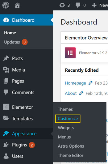 Accessing Appearance > Customize Menu in WordPress