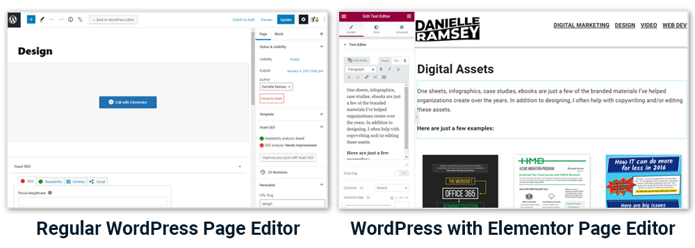 WordPress Editor Vanilla versus with Elementor